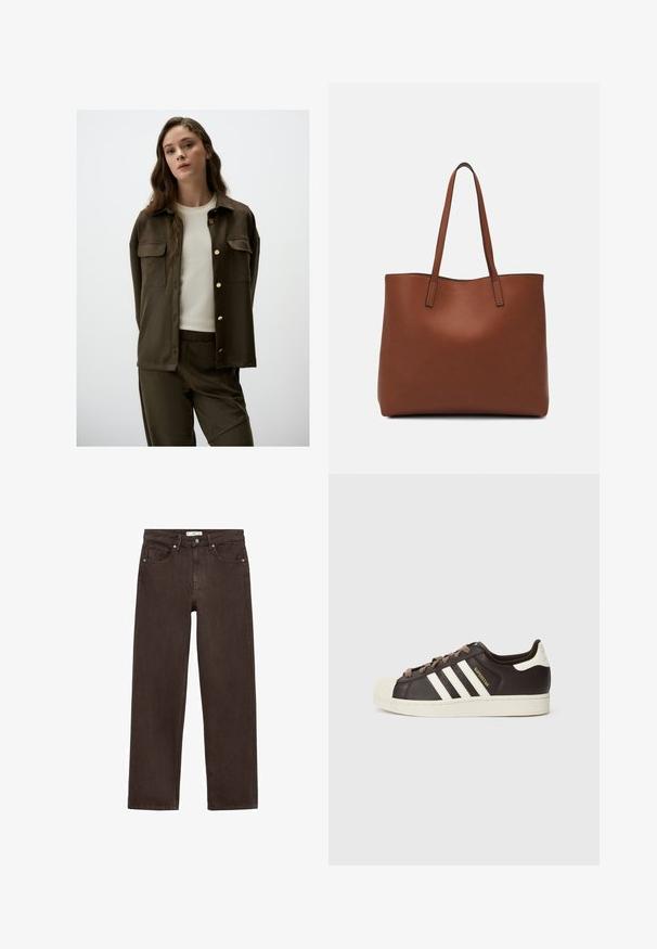 Dark olive-green button-up shirt with two chest pockets and gold buttons, paired with a light-colored crew-neck top and matching bottoms.; White T-shirt made of soft, lightweight fabric. Features a round neckline and short, wide sleeves with a relaxed fit. No visible patterns.; Brown wide-leg jeans made from denim, featuring a classic five-pocket design, button closure, and subtle stitching details.; Low-top Adidas Superstar sneaker in dark brown leather with cream shell toe, white stripes, and "Superstar" text on the side.; Brown leather tote bag with a smooth texture, open top design, and two shoulder straps. Features minimal stitching and no visible hardware.