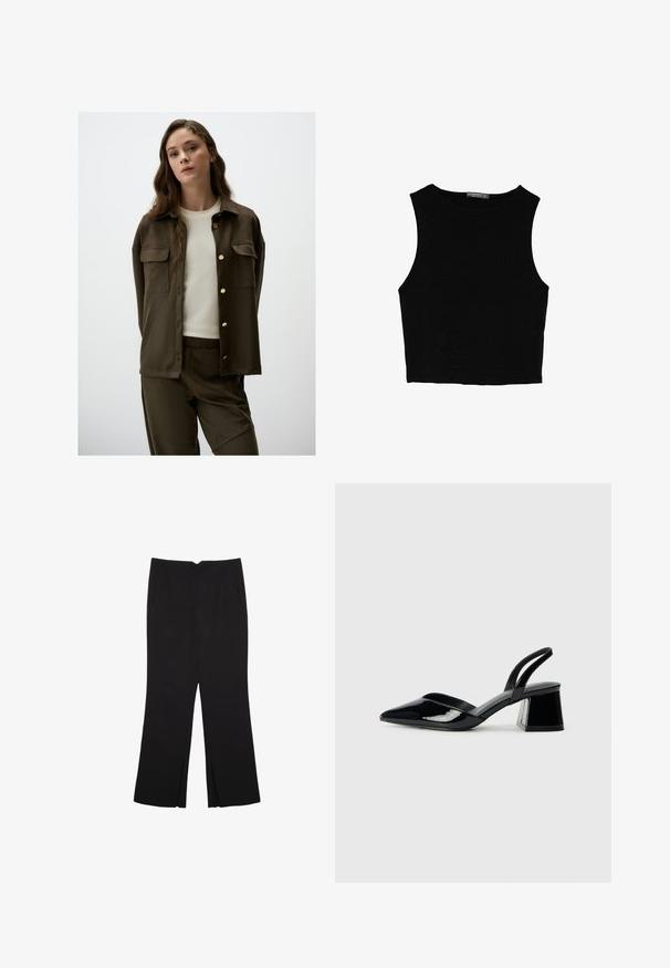 Ciemnooliwkowa koszula z guzikami, z dwoma kieszeniami na piersi i złotymi guzikami, w połączeniu z jasnym podkoszulkiem w okrągłym dekolcie i dopasowanymi spodniami.; Czarny bezrękawnik crop top z gładkiego materiału, z okrągłym dekoltem i czystym, prostym wzornictwem, bez wzorów czy metalowych elementów.; Czarne spodnie o prostym kroju, z przednimi kieszeniami i bocznymi rozcięciami na dole. Wykonane z miękkiego, gładkiego materiału. Odpowiednie na różne okazje.; Czarne lakierowane półbuty na obcasie z wydłużonym noskiem i geometrycznym słupkiem. Charakteryzują się eleganckim, minimalistycznym designem oraz gładką fakturą.