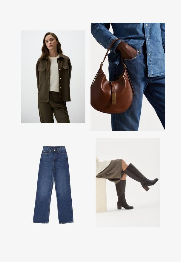 Dark olive-green button-up shirt with two chest pockets and gold buttons, paired with a light-colored crew-neck top and matching bottoms.; Two sleeveless ribbed turtleneck tops in brown and black, displayed on a plain white background.; Wide-leg blue denim jeans with a high waist, featuring a button closure, five pockets, and subtle fading on the fabric.; Brown leather knee-high boots with a square toe, chunky heel, and side zipper. Smooth texture with a polished finish.; Brown leather hobo bag with a rounded shape, featuring a gold hardware accent and contrast stitching. Paired with a denim shirt and jeans.