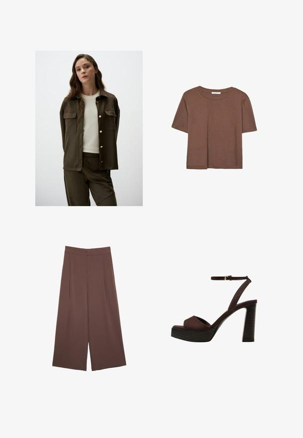 Camicia verde oliva scuro con bottoni dorati e due tasche sul petto, abbinata a un top a girocollo chiaro e pantaloni coordinati.; Maglietta a maniche corte marrone realizzata in tessuto morbido, con scollatura rotonda e vestibilità rilassata. Nessun motivo o dettaglio visibile.; Pantaloni ampi marroni con una texture liscia, caratterizzati da una vita alta e pieghe frontali. Il tessuto è leggero e scorre liberamente.; Sandal in camoscio marrone con tacco alto, punta aperta, cinturino alla caviglia regolabile e suola a piattaforma striata.