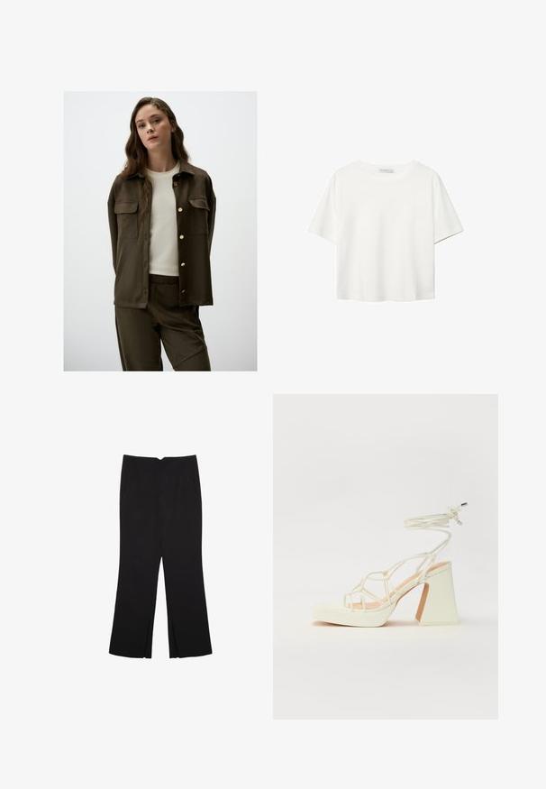 Dunkelolivgrünes Hemd mit Knopfleiste, zwei Brusttaschen und goldenen Knöpfen, kombiniert mit einem hellen Rundhalsausschnitt-Oberteil und passenden Hosen.; Weißes T-Shirt mit kurzen Ärmeln aus Baumwolle. Hat einen Rundhalsausschnitt und eine lockere Passform. Glatte Textur ohne sichtbare Muster oder Akzente.; Schwarze Hose mit geradem Schnitt, ausgestattet mit Fronttaschen und Seitenschlitzen am Saum. Hergestellt aus weichem, glattem Stoff. Geeignet für verschiedene Anlässe.; Weiße High-Heel-Sandale mit einem klobigen Absatz, die über ein Riemchendesign und ein Knöchelband verfügt. Glatte Textur mit einer Plattform vorne für zusätzliche Höhe.