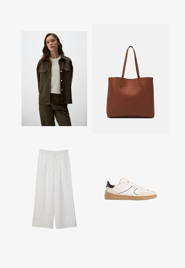 Donker olijfgroen knoopshirt met twee borstzakken en gouden knopen, gecombineerd met een lichtgekleurde ronde hals top en bijpassende onderkant.; Witte korte mouwen t-shirt van katoen. Heeft een ronde halslijn en een ontspannen pasvorm. Glad textuur zonder zichtbare patronen of accenten.; Witte wijde broek van lichtgewicht stof, met een elastische tailleband en een trekkoord voor een verstelbare pasvorm. Glad texture.; Stradivarius Sneakers laag - white; Bruine leren tote bag met een gladde textuur, een ontwerp met een open bovenkant en twee schouderbanden. Kenmerkt zich door minimale stiksels en geen zichtbare hardware.