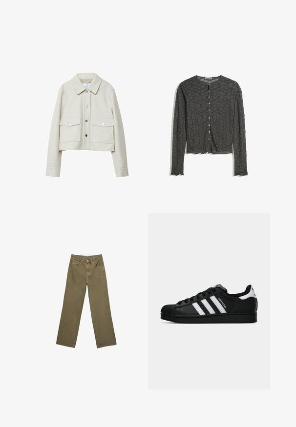 Cream-colored cropped jacket made of felted fabric, featuring a collar, front button closure, and two large flap pockets.; Dark gray lace long-sleeve button-up cardigan with floral pattern and scalloped edges on cuffs and hem.; Short-sleeve, round-neck white t-shirt made of soft cotton, featuring a simple, clean design with no visible patterns or accents.; Olive green wide-leg jeans in cotton with a sturdy texture. Features a zip fly, five pockets, and contrasting stitching near the waistband.; Black Adidas Superstar sneaker with white stripes, shell toe, and "Superstar" text on side, shown in side profile on white background.