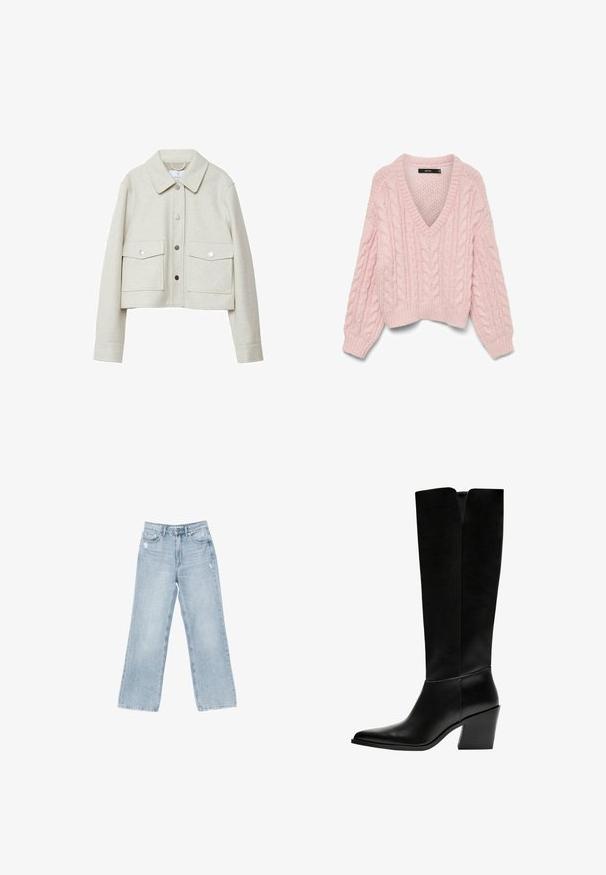 Kremowa, krótka kurtka z wełnianego materiału, z kołnierzem, zapinana na guziki z przodu oraz dwiema dużymi kieszeniami z klapami.; Vero Moda VMDREAM jasnoróżowy; Jasnoniebieskie dżinsy o szerokim kroju, z wystrzępieniami, pięcioma kieszeniami oraz zapięciem na zamek błyskawiczny.; Czarne kozaki do kolan wykonane z gładkiej skóry, z ostro zakończonym noskiem, blokowym obcasem i wycięciem w kształcie litery V na górze.
