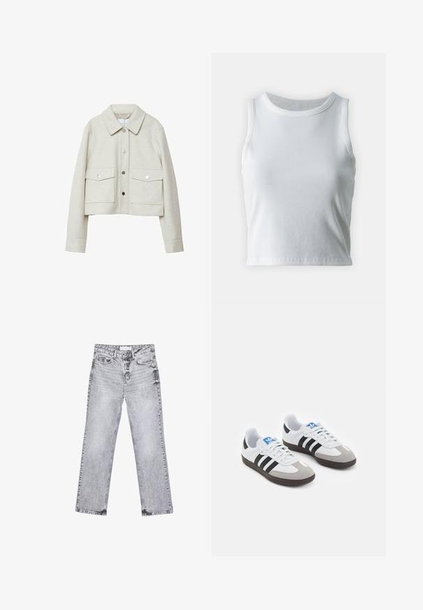 Valkoinen lyhyt takki, joka on valmistettu huopamaisesta kankaasta. Takissa on kaulus, edessä nappikiinnitys ja kaksi suurta läpällistä taskua.; Valkoinen poimutettu hihaton toppi, jossa on pyöreä kaula-aukko, suora helma ja sileä, joustava materiaali.; Harmaat farkut suoran lahkeen leikkauksella, kulutettu yksityiskohtia, viisi taskua ja kuparinappi. Vyötärönauha sisältää logotagin.; Urheilukengät, joissa on valkoinen nahkainen päällinen, harmaa mokkanokka ja kolme mustaa raitaa. Ominaisuuksina sininen logo kielekkeessä ja kuvioitu kumipohja.