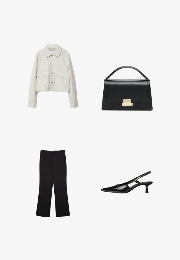 Cremfarbener, taillierter Blazer aus filzartigem Stoff, mit Kragen, vorderem Knopfverschluss und zwei großen Klapptaschen.; Schwarzes langärmliges Oberteil aus strukturiertem Stoff. Mit runder Halslinie und cropped Design mit schmalen Ärmeln. Keine sichtbaren Muster.; Schwarze Hose mit geradem Schnitt, ausgestattet mit Fronttaschen und Seitenschlitzen am Saum. Hergestellt aus weichem, glattem Stoff. Geeignet für verschiedene Anlässe.; Schwarze Lackleder-Slingback-High Heels mit spitzer Zehenform, ausgeschnittenem Seitendesign und kleinem Blockabsatz. Glatte Textur mit minimalen Akzenten.; Schwarze Lederhandtasche mit strukturiertem Design, oberem Griff und einem goldenen Metallschnappverschluss auf der Vorderseite. Glatte Textur, minimale Nähte.