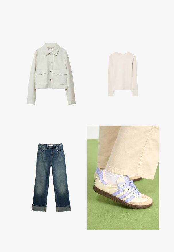 Crème-kleurige cropped jas van viltstof, met een kraag, sluiting met knopen aan de voorkant en twee grote klepzakken.; Licht beige lang mouw top gemaakt van zachte stof, met een ronde hals en een ontspannen pasvorm met rechte zoom en minimale stikdetails.; Wijde blauwe denim jeans met een vervaagde afwerking, vijf zakken en opgerolde boorden met contrasterende stiksels. Gladde textuur.; Crème- en lavendel-sneakers met drie strepen en een gestructureerde bruine zool, voorzien van veters en een gewatteerde hiel. Zachte stoffen bovenkant.