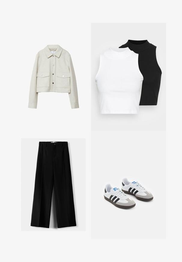 Cremfarbener, taillierter Blazer aus filzartigem Stoff, mit Kragen, vorderem Knopfverschluss und zwei großen Klapptaschen.; Zwei ärmellose, gerippte Rollkragenoberteile in Schwarz und Weiß, mit einer figurbetonten Passform und glatter Textur sowie einer cropped Länge.; Schwarze weite Hosen aus leichtem Stoff, mit einem Knopfverschluss vorne und flachem Bund, mit sorgfältig genähten Säumen.; Sportschuhe mit einem Obermaterial aus weißem Leder, grauer Wildleder-Zehenkappe und drei schwarzen Streifen. Sie verfügen über ein blaues Logo auf der Zunge und eine strukturierte Gummisohle.