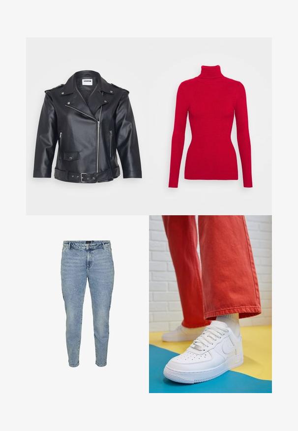 Zwarte leren motorjack met een gekarteld kraag, asymmetrische rits, zijzakken en een ceintuur in de taille. Gestructureerde afwerking en metalen hardware.; Rode geribbelde turtleneck trui met lange mouwen, gestructureerde stof, getailleerde silhouet en hoge kraag. Geen zichtbare versieringen.; Lichtblauwe jeans met een taps toelopende pijp, gemaakt van denim. Voorzien van een knopen sluiting, vijf zakken en subtiele vervaging voor textuur.; Witte leren sneaker met geperforeerde teenbox, gestructureerde zool en witte veters, gecombineerd met wijde rode broeken en een blauw-geel achtergrond.