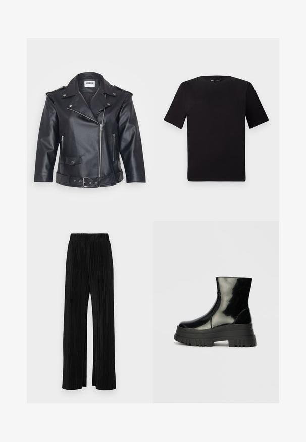 Melna ādas motocikla jaka ar izgrieztu apkakli, asimetrisku rāvējslēdzēju, sānu kabatām un jostotu vidukli. Tekstūru apdare un metāla detaļas.; Melnas īsām piedurknēm T-krekls ar apaļu kakla izgriezumu, izgatavots no mīksta kokvilnas auduma. Vienkāršs dizains, bez redzamām logo vai rakstiem.; Melni plīšu bikses ar elastīgu jostu. Tām ir platākas kājas un gluda, teksturēta auduma ar vertikālām svītrām.; Melnas spīdīgas potītes zābaki ar biezu zoli un noapaļotu purngalu, sānu skats uz vienkārša gaiši pelēka fona.