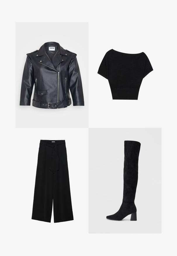 Giacca da moto in pelle nera con colletto a punta, zip asimmetrica, tasche laterali e vita con cintura. Finitura testurizzata e accessori metallici.; Anna Field T-shirt con stampa - black; Pantaloni neri a gamba larga caratterizzati da un tessuto testurizzato, una vita elastica e una cintura staccabile per una vestibilità regolabile.; Stivale in suede nero alto fino al ginocchio con tacco a blocco, punta affusolata e design liscio e senza cuciture su uno sfondo chiaro e semplice.