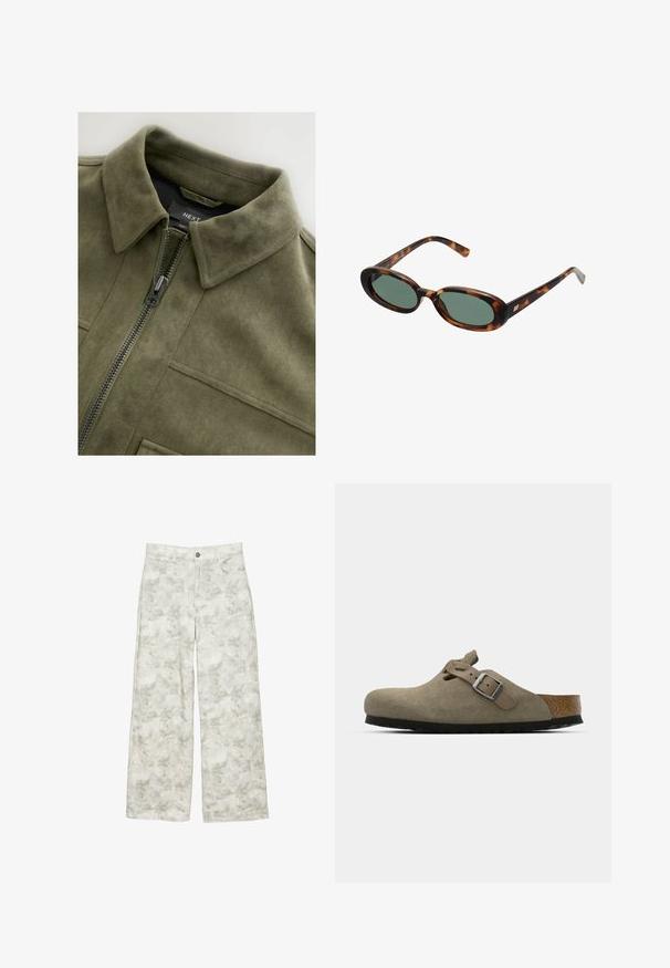 Olive green suede-style jacket with a collared neck, front zipper, and two chest pockets. Smooth texture with subtle stitching details.; Brown knitted sweater with a cowl neck design, featuring a side button closure and long sleeves. Fabric appears soft and textured.; White wide-leg jeans with a subtle floral pattern in grey and light green, featuring a five-pocket design and a silver button closure.; Suede clogs in light olive green with a molded cork and rubber sole. Features a side strap with a metal buckle and a rounded toe.; Tortoiseshell sunglasses with oval frames and green lenses. Features thin arms with a metallic accent near the hinges.