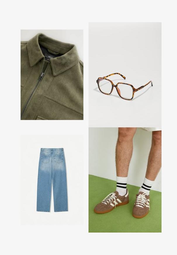 Oliivinvihreä mokkatekstuurilla varustettu takki, jossa on kauluskanta, etuvetoketju ja kaksi rintataskua. Sujuva pinta, jossa on hienovaraisia ompeluyksityiskohtia.; Valkoinen puuvillainen hihaton toppi, jossa on pyöristetty pääntie, ei hihoja ja vartalonmyötäinen muoto. Sileä pinta, yksinkertainen muotoilu ja vähäiset ompeluyksityiskohdat.; Vaaleansininen ja valkoinen flanellipaita, jossa on musta ruutukuosi, kahdella rintataskulla ja kultanapin, suunniteltu rentoon istuvuuteen.; Vaaleansiniset denimfarkut, joissa on suora lahje, kahdella takataskulla ja haalistunut pinta yläosissa.; Ruske nahkate sneakerit valkoisilla korostuksilla ja nauhoilla. Kumi-gumipohja. Yhdistetty valkoisiin sukkiin, joissa on mustia raitoja. Vihreä teksturoitu lattia.; Uudet kilpikonnakuosiset silmälasit, joissa on neliömäinen kehys, kirkkaat linssit ja teksturoitu pinta. Sangoissa on ohut, virtaviivainen muotoilu.; Laivan sininen kudottu nahkalaukku, jossa on pyöreä muoto, yksi kahva ja vetoketjukiinnitys. Teksturoitu pinta, jossa on monimutkainen koriruudukko-kuvio.