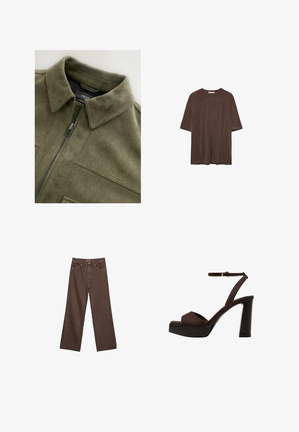 Veste en suédine vert olive avec col, fermeture éclair à l'avant et deux poches poitrine. Texture lisse avec des détails de couture subtils.; T-shirt marron à manches courtes en tissu doux, avec un col rond et une coupe décontractée. Texture lisse sans motifs ni accents.; Jean brown à jambes larges en denim, doté d'une taille haute, de poches avant et d'une fermeture à bouton classique. Texture lisse avec des coutures subtiles.; Sandale à talons hauts en suede marron avec un bout ouvert, une bride de cheville réglable et une semelle de plateforme rayée.