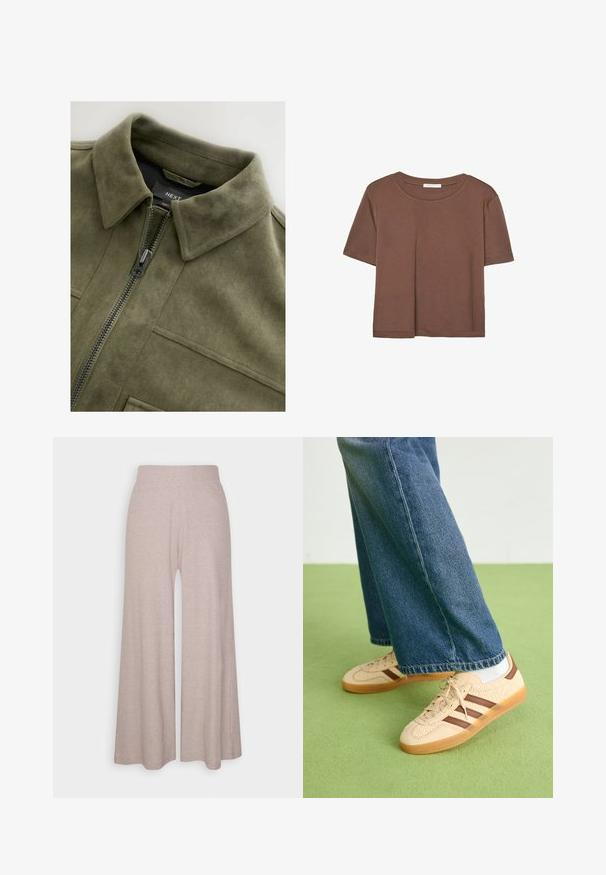 Olijf groene suède-achtige jas met een kraag, een frontale rits en twee borstzakken. Soepele textuur met subtiele stikdetails.; Korte mouwen T-shirt in bruin, gemaakt van een zachte stof, met een ronde halslijn en een relaxte pasvorm. Geen zichtbare patronen of accenten.; Lichtgrijze, wijde broek van zacht, geribbeld materiaal, met een hoge tailleband en volledige lengte benen met een subtiele textuur.; Beige sneakers met gestructureerde crèmekleurige panelen en bruine strepen, gecombineerd met blauwe denim jeans. De jeans hebben een brede pijp en een rafelige zoom.