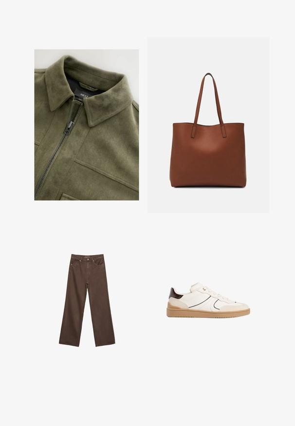 Olijf groene suède-achtige jas met een kraag, een frontale rits en twee borstzakken. Soepele textuur met subtiele stikdetails.; Korte mouwen T-shirt in bruin, gemaakt van een zachte stof, met een ronde halslijn en een relaxte pasvorm. Geen zichtbare patronen of accenten.; Brede bruine spijkerbroek van denim, met een hoge taille, voorzakken en een klassieke knoopsluiting. Soepele textuur met subtiele stiksels.; Stradivarius Sneakers laag - white; Bruine leren tote bag met een gladde textuur, een ontwerp met een open bovenkant en twee schouderbanden. Kenmerkt zich door minimale stiksels en geen zichtbare hardware.