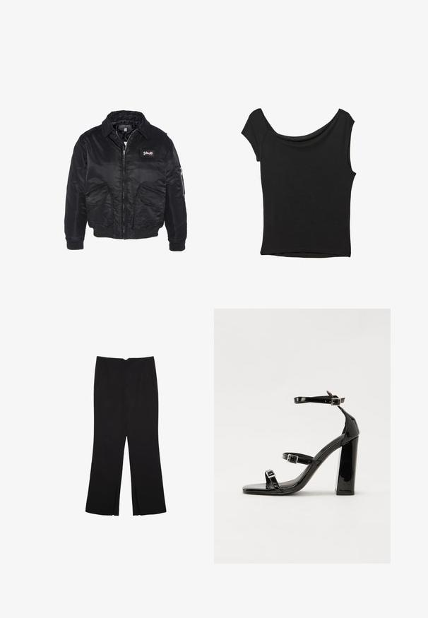 Zwarte bomberjack, satijnen materiaal, ritssluiting, twee voorkoppen en één mouwzak. Bevat een Schott logo patch op de borst.; Zwart korte mouwen top gemaakt van een gladde stof; met een gedrapeerde halslijn en een asymmetrische zoom, met een getailleerd lijfje.; Zwarte broek met een rechte pasvorm, voorzien van zijzakken en plooien aan de onderzijde. Gemaakt van zachte, gladde stof. Geschikt voor verschillende gelegenheden.; Zwarte gepatenteerde sandalen met hak en een vierkante neus, enkelbandjes en zilveren gespen. Heeft een stevige blokhak voor stabiliteit.