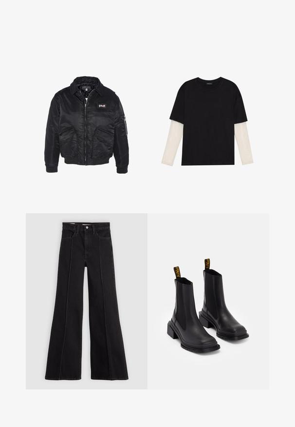 Czarna kurtka bomberka, materiał satynowy, zamek błyskawiczny, dwa przednie kieszenie oraz jedna kieszeń na rękawie. Posiada naszywkę logo Schott na klatce piersiowej.; Czarny T-shirt wykonany z bawełny, z krótkimi rękawami na białej warstwie z długim rękawem z delikatnym teksturowanym wzorem. Projekt z okrągłym dekoltem.; Czarne, wysokie dżinsy o szerokich nogawkach z detalami w postaci szwów z przodu, zapięciem na guzik, szlufkami na pasek i przednimi kieszeniami na jasnym tle.; Czarne botki za kostkę wykonane z gładkiej skóry, z elastycznymi bocznymi panelami, kwadratowym noskiem i grubym obcasem. Zawierają żółte uchwyty z logo.