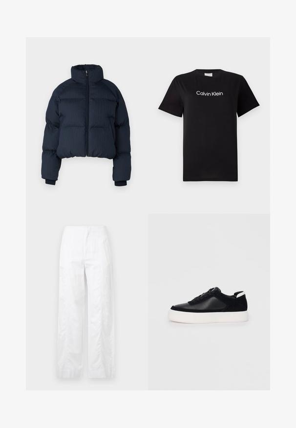 Mornarsko puhoplazno jopico z ribastim vzorcem, visokim ovratnikom in sprednjim zadrgo. Kratka zasnova z elastičnimi manšetami. Primerna za hladnejše vreme.; Črna bombažna majica s kratkimi rokavi, z belim logotipom "Calvin Klein" natisnjenim čez prsa. Klasična zasnova s krožnim izrezom.; Bela široka hlače iz lahkega materiala, ki se ponašajo z gladko teksturo, čistimi linijami in visokim pasom.; Črne športne copate z gladko usnjeno in semišnimi paneli, ravnimi vezalkami, zaobljenim nosom in belim gumijastim podplatom. Oznaka na peti.