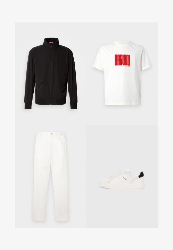 Črna lahka jakna z visokim ovratnikom, zadrgo in dvema sprednjima žepoma. Ima rebraste manšete in rob, gladko teksturo in oranžan poudarek.; Bela bomba iz 100% bombaža z velikim rdečim grafičnim tiskom "CALVIN KLEIN" spredaj, s krožnim ovratnikom in kratkimi rokavi.; Bele hlače iz gladkega blaga, z ravnimi nogami, sprednjimi gubami in enim gumbom za zapiranje v pasu.; Beli športni čevlji z svetlo roza in črnimi detajli, ki imajo gladke usnjene in semiš panele, okroglo konico in plitki gumijasti podplat.