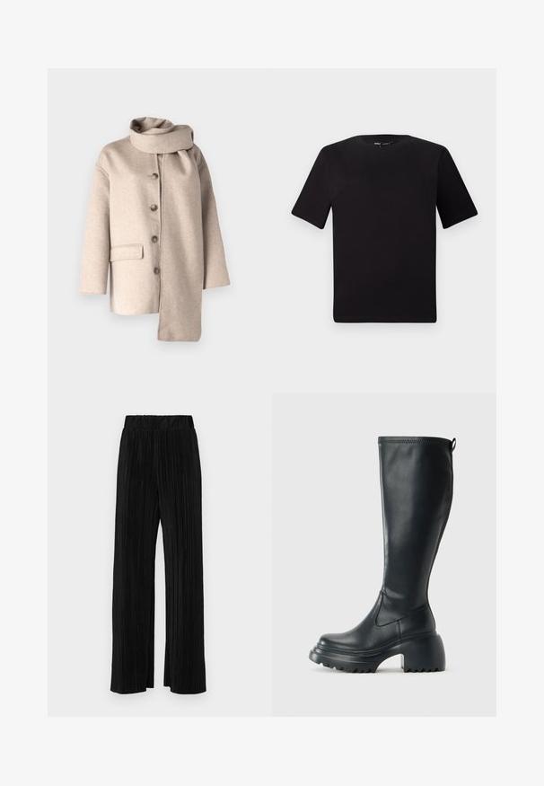 Mănăstire din lână bej cu un guler larg, nasturi frontali și un buzunar lateral. Prezintă un element de design înfășurat asemănător unei eșarfe. Textură netedă.; Tricou scurt negru cu mânecă scurtă și guler rotund, realizat dintr-un material de bumbac moale. Design simplu, fără logo-uri sau modele vizibile.; Pantaloni negri plisati cu talie elastică. Prezintă picioare largi și un material neted, texturat, cu dungi verticale.; Cizme lungi din piele neagră cu talpă platformă masivă și tocul pătrat, având un tab de tragere și un model texturat pe talpa exterioară.