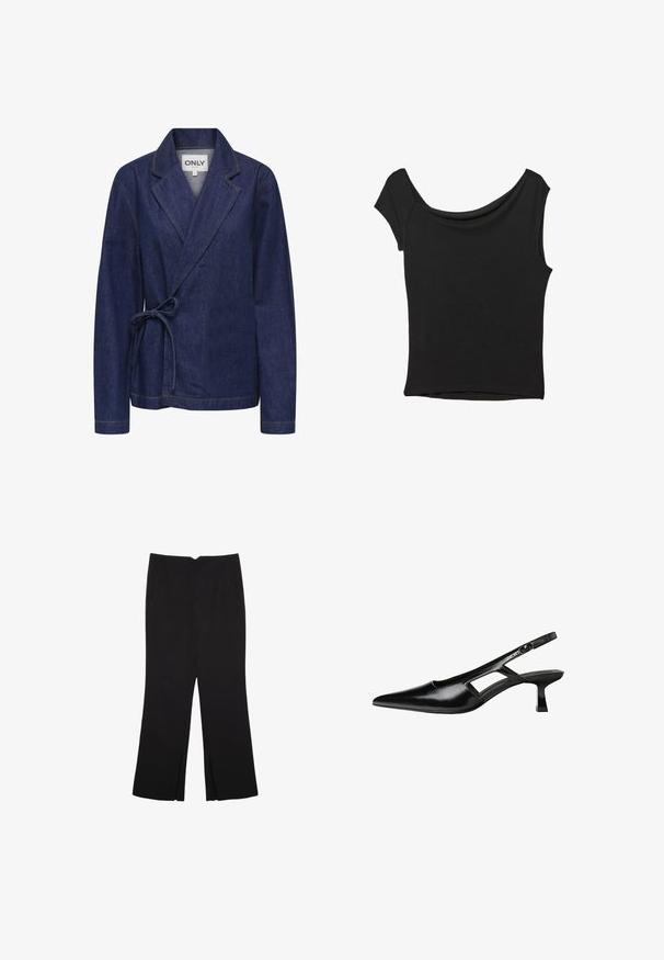 Jeansjakke i mørkeblå med sjalskrave, indpakningsdesign, bånd i taljen og kontrastfuld gul syning. Lange ærmer og afslappet pasform.; Sort kortærmet top lavet af glat stof; har en draperet halsudskæring og en asymmetrisk kant, med en tætsiddende pasform.; Sorte bukser med lige pasform, der har frontlommer og slidser i kanten. Lavet af blødt, glat stof. Velegnet til forskellige anledninger.; Sorte patentlæder slingback hæle med spids tå, udskåret sideskærm og en lille firkantet hæl. Glat tekstur med minimale detaljer.
