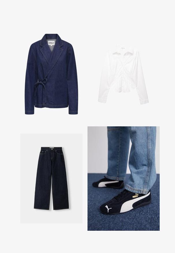 Džínová bunda v tmavě modré barvě s límcem ve stylu šál, zavinovací design, zavazování v pase a kontrastním žlutým prošíváním. Dlouhé rukávy a volný střih.; Bílá dámská košile s dlouhým rukávem, přiléhavého střihu, s límečkem, která má jemné švy a mírně zakřivený lem.; Tmavě modré džíny s širokými nohavicemi a vysokým pasem, pěti kapsami, kontrastním šitím a stříbrnými kovovými detaily. Hladká struktura a čisté provedení.; Černé semišové tenisky s bílými akcenty a zlatým logem. Nosené s světle modrými jeany a položené na strukturovaném modrém povrchu.