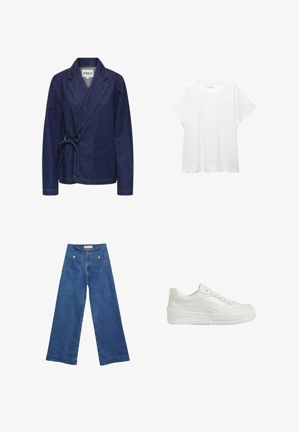 Jeansjakke i mørkeblå med sjalskrave, indpakningsdesign, bånd i taljen og kontrastfuld gul syning. Lange ærmer og afslappet pasform.; Hvid T-shirt lavet af blødt, let stof. Har en rund halsudskæring og korte, brede ærmer med en afslappet pasform. Ingen synlige mønstre.; Denim brede ben jeans med en mellemblå vask, to forlommer med knaplukninger og syet detaljering langs sømmene.; Hvide lædersneakers med glat tekstur, polstret ankeldel og perforeret tå. Har en let hævet gummisål og snørebåndsdesign.