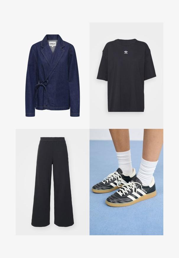 Denim jacket in dark blue with a shawl collar, wrap design, tie at the waist, and contrasting yellow stitching. Long sleeves and relaxed fit.; Black cotton t-shirt with short sleeves, round neckline, features a white Adidas logo on the chest. Simple design, relaxed fit.; Black wide-leg sweatpants made from soft fabric, featuring an elastic waistband and a small logo on the left side.; Black leather sneakers with white stripes, round toe, white laces, and gum rubber sole. Accentuated by padded collar and branding details.