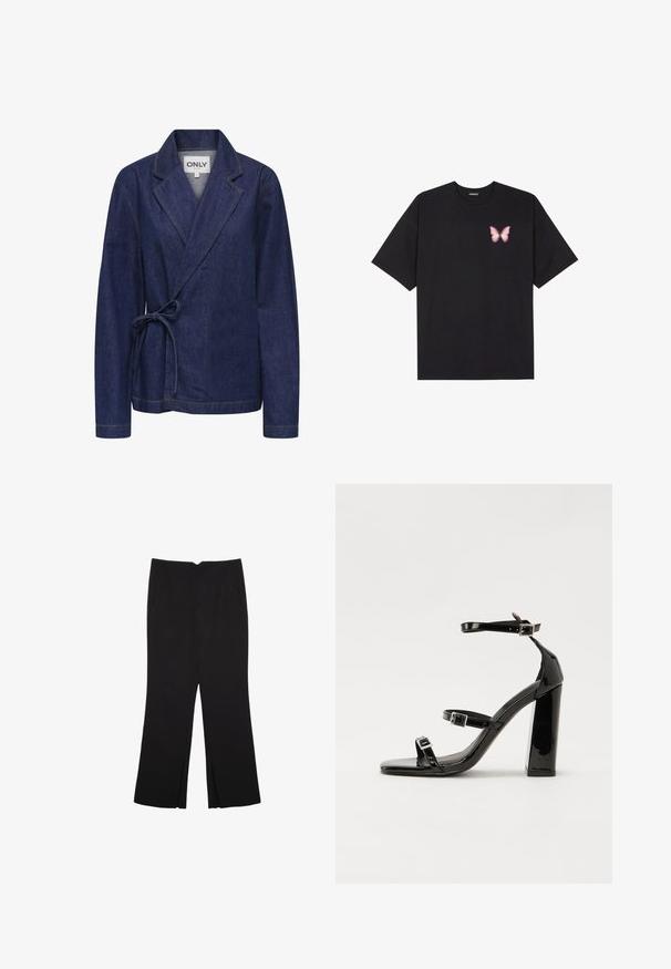 Džínová bunda v tmavě modré barvě s límcem ve stylu šál, zavinovací design, zavazování v pase a kontrastním žlutým prošíváním. Dlouhé rukávy a volný střih.; Černé bavlněné tričko s krátkým rukávem, na levém prsou s malou grafikou růžové motýlky. Design s kruhovým výstřihem a volným střihem.; Černé kalhoty s rovným střihem, s předními kapsami a bočními rozparky na lemu. Vyrobené z jemné, hladké tkaniny. Vhodné na různé příležitosti.; Černé lakované sandály na podpatku se čtveratou špičkou, lýtkovými pásky a stříbrnými přezkami. Disponují masivním blokovým podpatkem pro stabilitu.