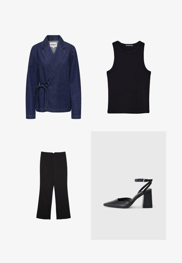 Jeans jakna tamnoplave boje sa šalom, dizajnom koji se obavija, vezivanjem u struku i kontrastnim žutim šavovima. Dugi rukavi i opušteni kroj.; Crni top bez rukava od pamuka, s okruglim izrezom i širokim izrezima za ruke. Glatka tekstura s ušivenim rubovima. Klasičan, minimalistički dizajn.; Crne hlače ravnog kroja, s prednjim džepovima i bočnim prorezima na rubu. Izrađene od mekog i glatkog materijala. Pogodne za razne prigode.; Crne kožne cipele s špicastim vrhom, remenom oko gležnja i debelim potplatom. Ravna tekstura, elegantan dizajn i minimalistička estetika.