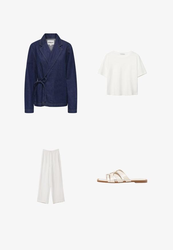 Džínová bunda v tmavě modré barvě s límcem ve stylu šál, zavinovací design, zavazování v pase a kontrastním žlutým prošíváním. Dlouhé rukávy a volný střih.; Bílý krátký rukáv tričko vyrobené z bavlny. Má kulatý výstřih a volný střih. Hladký materiál bez viditelných vzorů nebo akcentů.; Bílé široké kalhoty vyrobené z lehké tkaniny. Mají elastický pas se šňůrkou a boční kapsy. Hladká textura.; Ploché sandály s hnědou gumovou podrážkou, navržené se třemi překrývajícími se bílými koženými řemínky a malým mašlí uprostřed.