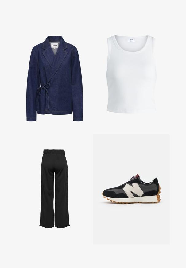 Tamsiai mėlynas džinsinis švarkas su šalikine apykakle, apvyniojimo dizainu, juosmens raiščiu ir kontrastingos geltonos siūlės. Ilgos rankovės ir laisvas kirpimas.; Balta raukšlėta tank top marškinėliai su apvaliu iškirpimu, be rankovių dizainu ir trumpa ilgio. Etiketėje parašyta "JJXX." Lygus audinio paviršius.; Juodos, plačios kelnės su elastinga juosta, pagamintos iš lygaus audinio. Pasižymi švariu dizainu, be kišenių ar matomų siūlių detalių.; Juoda ir pilka zomšinė sportinė avalynė su dideliu kreminiu "N" logotipu, violetinėmis raištelėmis ir tekstūruota gumos padu.