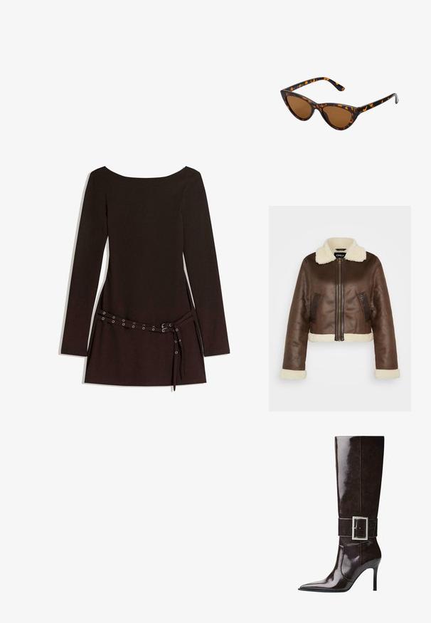 Giacca cropped in finta pelle marrone con colletto in pelliccia ecologica, polsini abbinati e tasche laterali; presenta una chiusura frontale con cerniera e pannelli in contrasto.; Abito nero a maniche lunghe con scollatura ampia, caratterizzato da una vita cinturata con occhielli in metallo e una texture di tessuto liscia.; Stivale in morbida pelle marrone scuro, alto fino al ginocchio, con punta affusolata, tacco a stiletto e ampia fascia con grande fibbia rettangolare in argento.; Occhiali da sole cat-eye con una montatura tartarugata nera e arancione, lenti marroni e punte affusolate e eleganti. Presentano un logo minimale sulla asta.; La borsa a tracolla dorata presenta un tessuto testurizzato con borchie metalliche rotonde, una placca con logo triangolare e una tracolla a catena con occhielli metallici rotondi.