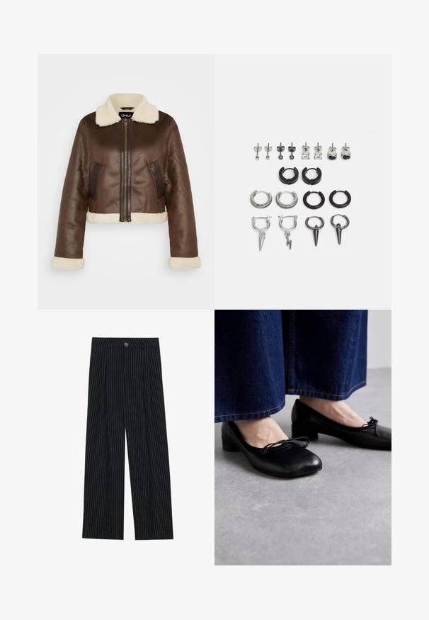 Brun faux læder cropped jakke med pelset krave, matchende manchetter og sidelommer; har frontlynlås og kontrasterende paneler.; Olivengrøn langærmet skjorte med ribbet tekstur, rund halsudskæring og syv knapper langs stolpen foran.; Sorte, stribede bukser med vidde, lavet af tekstureret stof. De har en frontlukning med knap og folder for ekstra interesse.; Sorte lædersko med firkantet tå og lille hæl, prydet med en dekorativ sløjfe foran. Båret med mørke denimbukser.; Sæt af øreringe med forskellige stilarter: sølv- og sorte hoop, stud og dråbe designs, med teksturer og detaljer som pigge og mønstre.