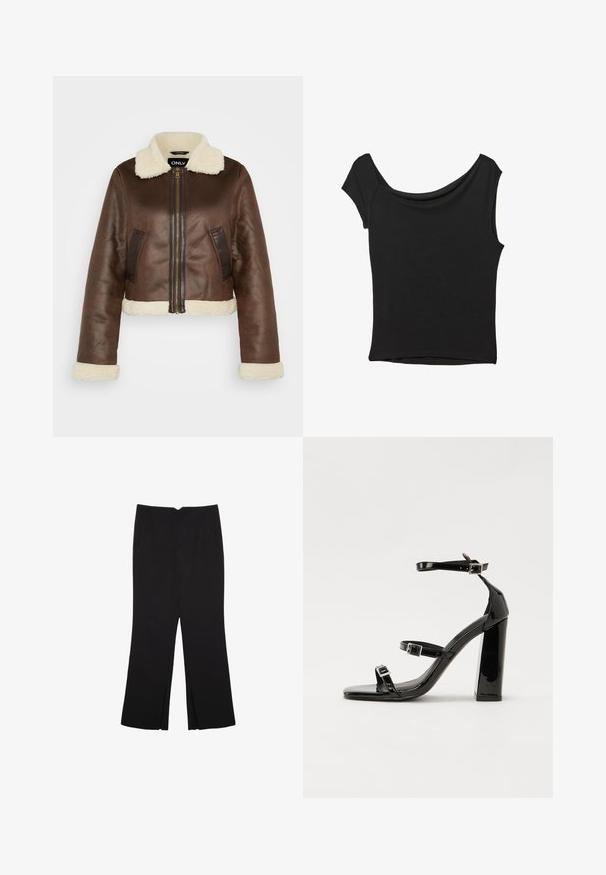 Brun faux læder cropped jakke med pelset krave, matchende manchetter og sidelommer; har frontlynlås og kontrasterende paneler.; Sort kortærmet top lavet af glat stof; har en draperet halsudskæring og en asymmetrisk kant, med en tætsiddende pasform.; Sorte bukser med lige pasform, der har frontlommer og slidser i kanten. Lavet af blødt, glat stof. Velegnet til forskellige anledninger.; Sorte patenterede hælsandaler med firkantet tå, ankelremme og sølvspænder. Har en chunky blokHæl for stabilitet.