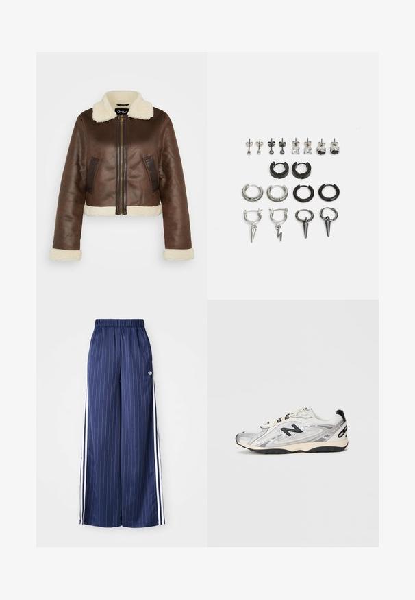 Veste cropped en simili cuir marron avec col en shearling, poignets assortis et poches latérales ; dotée d'une fermeture éclair à l'avant et de panneaux contrastants.; Chemise blanche à manches longues, avec un col haut froncé et un accent de volants verticaux à l'avant. Tissu en coton léger.; Pantalons larges bleu marine avec des rayures blanches verticales, taille élastique et trois rayures blanches de chaque côté, fabriqués dans un matériau léger.; Chaussure de sport grise et blanche avec un bout arrondi, en matériaux mesh et synthétiques, accents noirs et semelle en caoutchouc texturée.; Ensemble de boucles d'oreilles présentant divers styles : créoles en argent et noir, clous et designs pendants, avec des textures et des détails tels que des piques et des motifs.