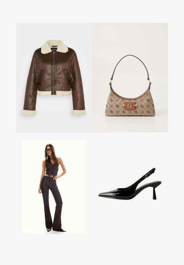 Brun faux læder cropped jakke med pelset krave, matchende manchetter og sidelommer; har frontlynlås og kontrasterende paneler.; Hvid langærmet top med bådudskæring. Lavet af blødt materiale, harflammende ærmer og en lige kant, hvilket giver et enkelt og alsidigt design.; Brun stribet cropped vest og flagrende bukser med knapper og et tekstureret stof. Sorte åbentåede sko og overdimensionerede solbriller.; Sorte patenterede lædersandaletter med spids tå, udskårne sider, justerbar ankelstrop og en tynd, slank hæl.; Tote bag i beige stof med brune mønstrede detaljer. Har en buet form, enkelt strop og et logo-plakette foran med sølvhardware.