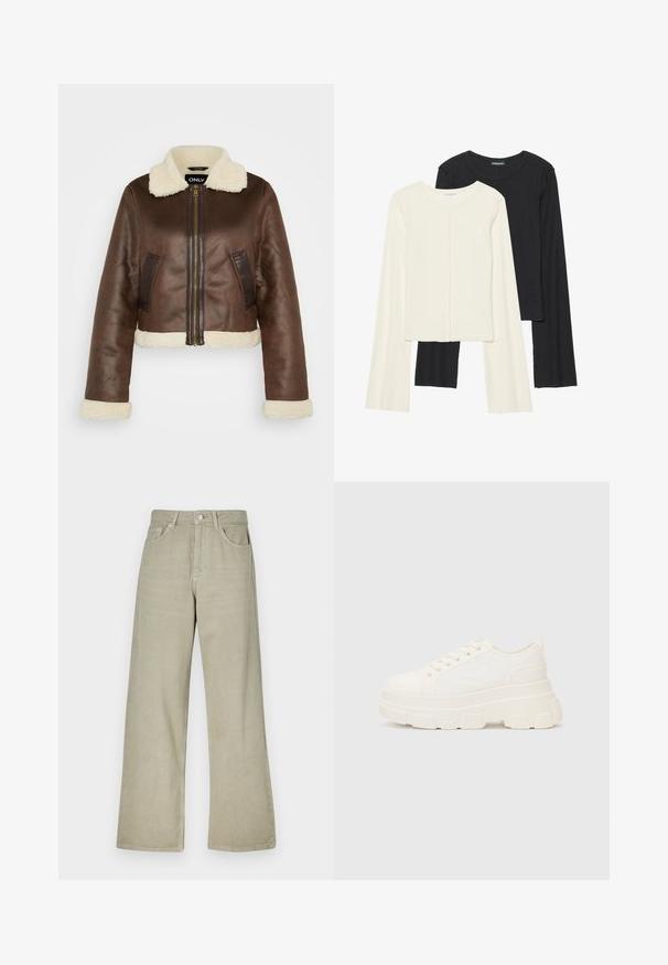 Chaqueta recortada de cuero sintético marrón con cuello de borreguito, puños a juego y bolsillos laterales; cuenta con cierre frontal de cremallera y paneles en contraste.; Conjunto de dos camisetas de manga larga en blanco y negro. Textura acanalada, cuello redondo, diseño ajustado con mangas ligeramente acampanadas.; Jeans de pierna ancha color caqui, fabricados con una mezcla de algodón. Presentan un cierre de botón, cinco bolsillos y un acabado de tela limpio y texturizado.; Zapatilla de lona blanca con suela gruesa, punta redonda y cinco ojales para los cordones. Lengüeta trasera para facilitar el uso. Textura suave, diseño minimalista.