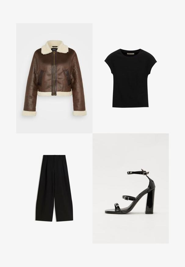 Brun faux læder cropped jakke med pelset krave, matchende manchetter og sidelommer; har frontlynlås og kontrasterende paneler.; Sort t-shirt med korte ærmer lavet af blødt stof, med rund halsudskæring og en afslappet pasform, med en glat tekstur og uden mønstre.; Sorte bredbenede bukser lavet af glat stof, med høj talje, læg foran, og uden synlige dekorationer eller mønstre.; Sorte patenterede hælsandaler med firkantet tå, ankelremme og sølvspænder. Har en chunky blokHæl for stabilitet.