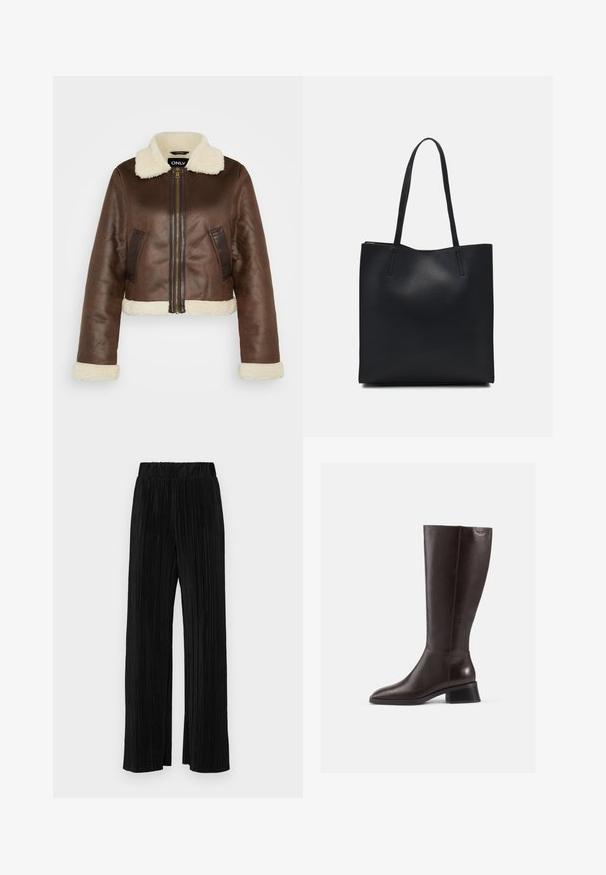 Pruun faux nahast lühike jakk karusnahast kraega, sobivad mansetid ja küljetaskud; esiküljel on lukuga sulgemine ja kontrastsed paneelid.; Must olema lühikeste varrukatega must t-särk ümmarguse kaelusega, valmistatud pehmest puuvillast kangast. Lihtne disain, ilma nähtavate logode või mustriteta.; Mustad pleekitud püksid elastse vöökohtaga. Omavad laiad jalad ja sujuvat, tekstureeritud kangast vertikaalsete triipudega.; Põlvikud pruunist nahast, ulatudes põlvedeni, siledaga viimistlusega, ümarate varvastega ja musta kiilukontsaga. Lihtne disain koos minimaalsete riistvaradetailidega.; Mustast nahast kott sujuva tekstuuriga, ristkülikukujuline ja kahe pika sangaga. Pole nähtavat riistvara ega kaunistusi.