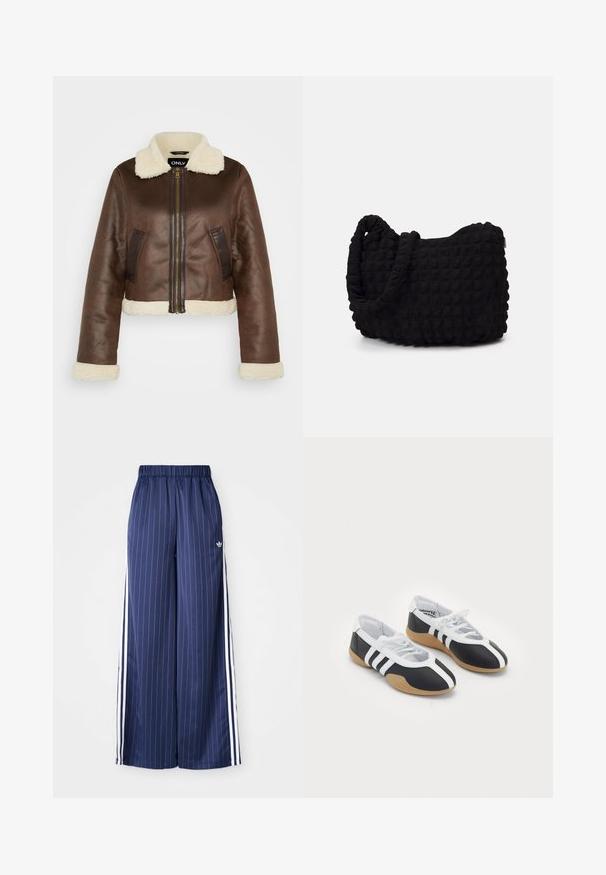 Veste cropped en simili cuir marron avec col en shearling, poignets assortis et poches latérales ; dotée d'une fermeture éclair à l'avant et de panneaux contrastants.; Polo shirt bleu marine en mélange de coton avec un col, trois boutons et des rayures blanches le long des épaules ; arbore un logo brodé.; Pantalons larges bleu marine avec des rayures blanches verticales, taille élastique et trois rayures blanches de chaque côté, fabriqués dans un matériau léger.; Baskets de sport noir et blanc au design élégant, semelle en caoutchouc, fermeture à lacets et trois rayures blanches sur les côtés.; Sac en tissu noir avec un motif texturé et matelassé. Forme arrondie, poignées courtes et épaisses, et structure souple et flexible.; Ensemble de boucles d'oreilles présentant divers styles : créoles en argent et noir, clous et designs pendants, avec des textures et des détails tels que des piques et des motifs.