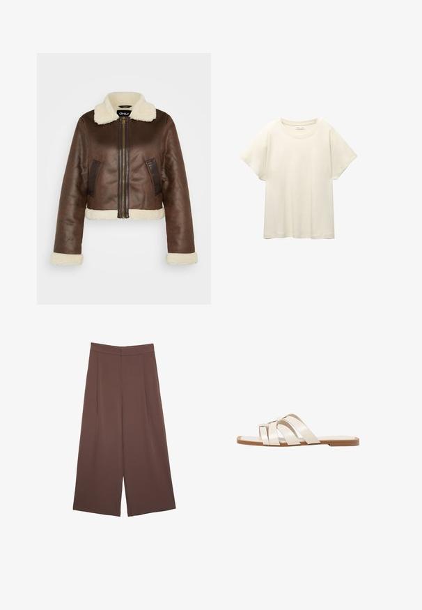 Brun faux læder cropped jakke med pelset krave, matchende manchetter og sidelommer; har frontlynlås og kontrasterende paneler.; Lys beige kortærmet t-shirt med rund halsudskæring, lavet af blødt, glat stof. Har en afslappet pasform og lige forneden.; Brune bredbunde bukser med en glat tekstur, der har høj talje og plisseringer foran. Stoffet er let og falder løst.; Flade sandaler med en lys gummisål, designet med tre overlappende hvide læderremme og en lille sløjfe detalje i midten.