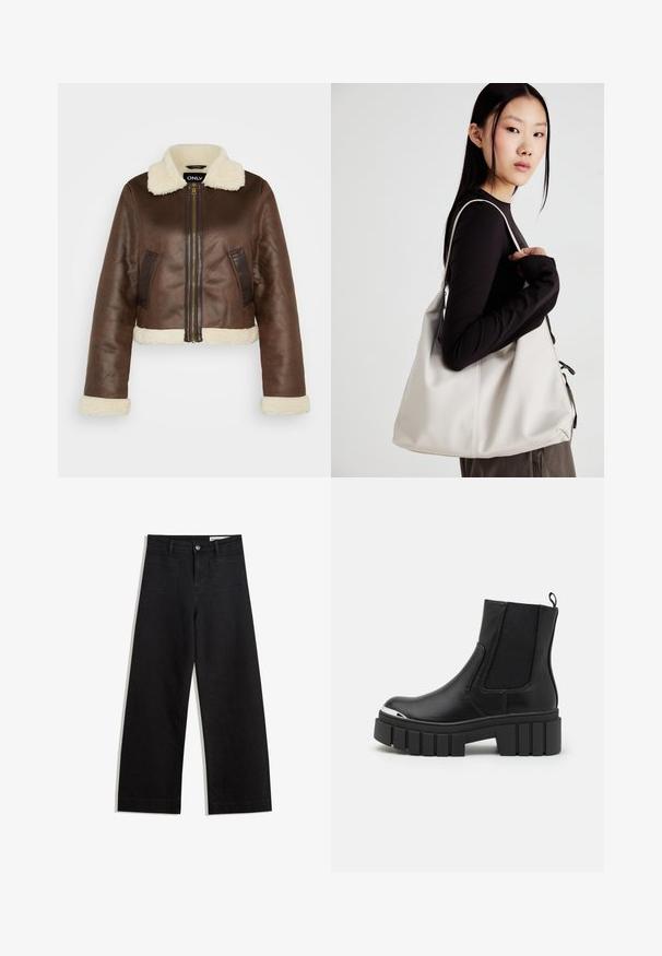 Bruine faux leren cropped jack met schapenvacht kraag, bijpassende manchetten en zijzakken; voorzien van een ritssluiting aan de voorkant en contrasterende panelen.; Zwarte T-shirt van katoen, met korte mouwen over een witte lange mouw laag met een subtiel textuurpatroon. Ronde hals ontwerp.; Zwarte denim broek met wijde pijpen en een hoge taille, voorzien van voor- en achterzakken, gestikte naden en een knoopsluiting. Gladde textuur.; Zwarte enkellaarsjes van soepel leer met elastische panels, een dikke plateauzool en een metalen neuskap.; Beige handtas gemaakt van zacht materiaal, met een slonzig ontwerp, gestikte details en twee schouderbanden. Geschikt voor dagelijks gebruik.