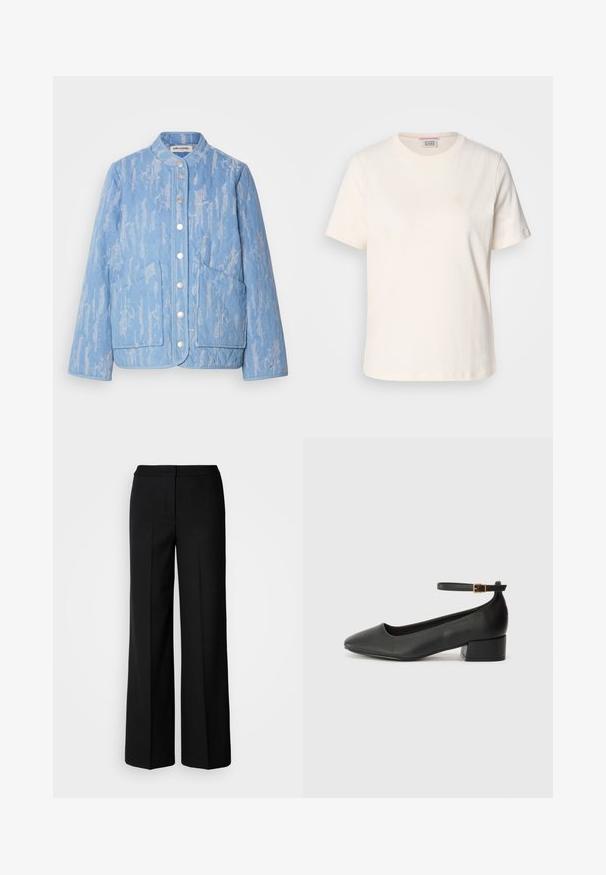 Gevoerde jas in lichtblauw met een gestructureerd patroon, ronde halslijn, knoopsluiting en twee grote voorkruiszakken. Gladde stofafwerking.; Crème-kleurig katoenen T-shirt met korte mouwen, ronde hals en subtiele reliëf logo-detail aan de voorkant. Vriendelijke textuur, ontspannen pasvorm.; Zwarte wijde broek van een gladde stof, met een hoge taille, nauwkeurig gestikte naden en een minimalistisch ontwerp. Geen zichtbare hardware of zakken.; Zwarte leren pump met een spitse neus en een lage blokhak. Beschikt over een enkelband met een goudkleurige gespsluiting. Gladde textuur.