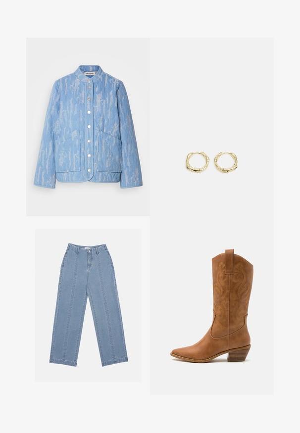 Šviesiai mėlyna siuvinėta striukė su tekstūruotu raštu, apvaliu iškirpimu, mygtukų uždarymu ir dviem didelėmis priekinių kišenėmis. Lygus audinio paviršius.; Balta medvilnės marškinėliai be rankovių su plačiu kaklu ir plonomis petnešėlėmis. Lygus paviršius be matomų raštų ar papuošimų.; Šviesiai mėlynos plačios kojų džinsai, pagaminti iš denimo. Turi aukštą liemenį, mygtukų užsegimą ir matomą siuvimą. Priekyje nematyti kišenių.; Ruda odinė kantri batai su smailiu būtų pirštu, siuvinėtais spiralės raštais ant viršaus ir su kamščiu blokuotu kulnu. Yra tamprių užtraukių, kad būtų lengviau užsidėti.; Aukso žiedo auskarai su tekstūruotu, netaisyklingu paviršiumi. Yra be siūlių užsegimas ir poliruotas paviršius, akcentuojantis modernų dizainą.