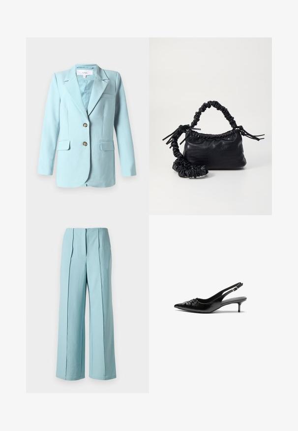 Jasnoniebieska damska marynarka z klapami, dwoma przednimi guzikami, kieszeniami z patkami oraz kieszonką na piersi, wyeksponowana na białym tle.; Czarny top bez ramion wykonany z miękkiego, elastycznego materiału, z marszczonymi detalami i szerokim paskiem po jednej stronie.; Jasnoniebieskie spodnie szerokie w nogawkach z pionowymi zakładkami, uszyte z gładkiego materiału, z wysokim stanem i prostymi detalami szwów.; Czarne skórzane szpilki na ramiączku z ostrym noskiem, małym słupkiem i ozdobnym węzłem z przodu. Gładka faktura na całej powierzchni.; Czarna torebka z syntetycznej skóry o teksturze krokodyla, z zaciąganym górnym zamknięciem i marszczonym paskiem. Wygląda na miękką i zwartą w designie.