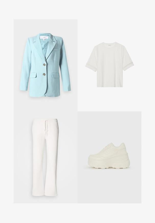 Lys blå dames blazer med udsnitkrave, to frontknapper, klaplommer og brystlomme, vist på hvid baggrund.; Hvid kortærmet t-shirt lavet af bomuld, med dekorativ blondekant langs ærmerne og en rund halsudskæring.; Hvide, afslappede sweatpants lavet af blødt materiale, med elastisk talje og snor samt lige ben.; Hvide platform sneakers med en glat læderlignende overdel, rund form, polstret krave og struktureret gummisål med definerede riller.