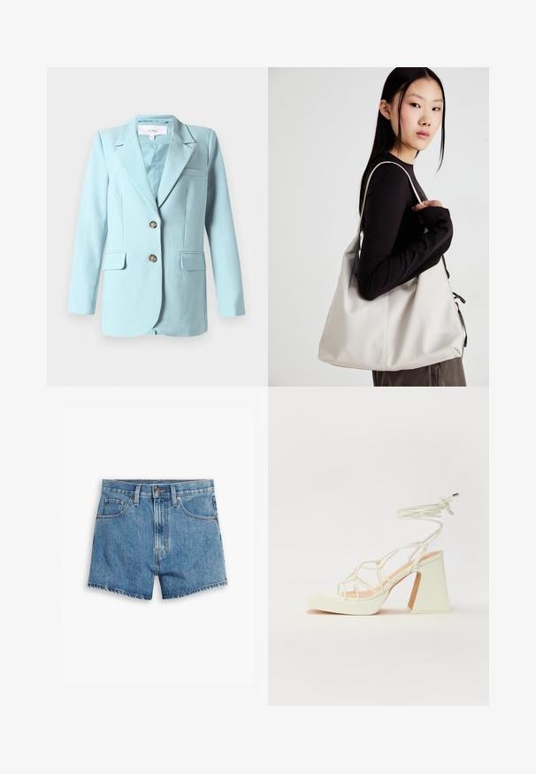 Svetlo modrý dámsky blazer s klopovým golierom, dvoma prednými gombíkmi, klopovými vreckami a náprsním vreckom, vystavený na bielom pozadí.; Biely bezrukávový top s okrúhlym výstrihom. Vyrobený z hladkého materiálu, má uvoľnený strih a minimalistický dizajn. Žiadne vzory alebo akcenty.; Džínové šortky v svetlo modrej farbe, s piatimi vreckami, zipsom a zapínaním na gombík. Spodný lem je rozstrapkaný s voľným strihom.; Biele sandále na vysokom opätku s hrubým podpätkom, s pruhovaným dizajnom a viazaním na členku. Hladký povrch s platformou vpredu pre zvýšenú výšku.; Béžová kabelka vyrobená z mäkkého materiálu, s uvoľneným dizajnom, prišitými detailmi a dvoma popruhmi na nosenie na pleciach. Vhodná na každodenné nosenie.