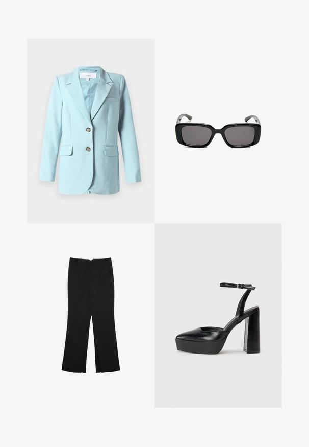 Ljusblå kvinnlig kavaj med slagkrage, två framknappar, ficklock och bröstficka, uppvisad mot vit bakgrund.; Svart ärmlös crop top i mjukt tyg, med rund hals och en ren, enkel design utan mönster eller detaljer.; Svarta byxor med rak passform, utrustade med framfickor och sidoklyvningar vid fållen. Tillverkade av mjukt, slätt tyg. Lämpliga för olika tillfällen.; Svarta plattformsskor med spetsig tå och justerbart vristband. Tillverkade av mjukt läder, med en kraftig blockklack.; Svarta rektangulära solglasögon med mörka linser, slimmad plastbåge och böjda tempel. Designen är kraftig med en minimalistisk estetik.